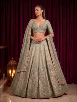 KRISHREE - Sage Green Viscose Embroidered Semi Stitched Lehenga and Blouse with Dupatta
