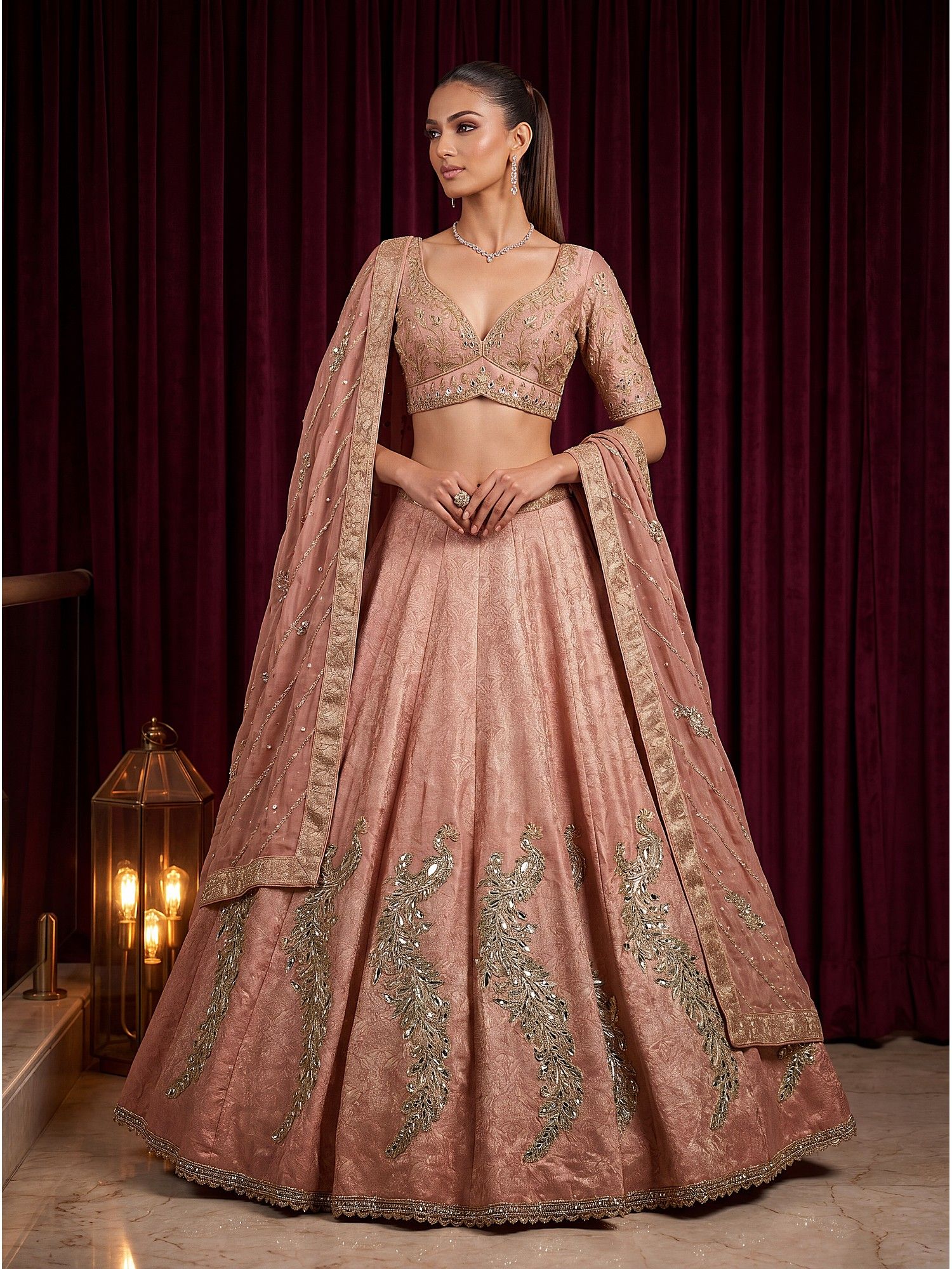 Sage Peach Viscose Embroidered Semi Stitched Lehenga and Blouse with Dupatta-image-36
