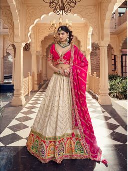 KRISHREE - Cream Viscose Embroidered Semi Stitched Lehenga and Blouse with Dupatta