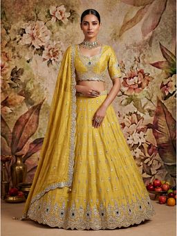 KRISHREE - Yellow Viscose Embellished Semi Stitched Lehenga and Blouse with Dupatta