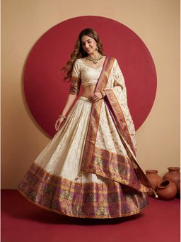KRISHREE - Off White Viscose Woven Semi Stitched Lehenga and Blouse with Dupatta
