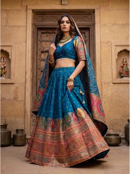 KRISHREE - Teal Viscose Woven Semi Stitched Lehenga and Blouse with Dupatta