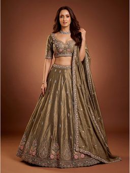 KRISHREE - Olive Viscose Embellished Semi Stitched Lehenga and Blouse with Dupatta