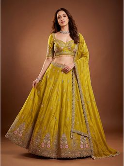 KRISHREE - Yellow Viscose Embellished Semi Stitched Lehenga and Blouse with Dupatta