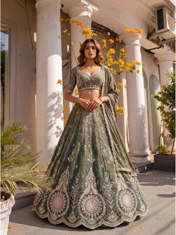 KRISHREE - Sage Green Viscose Embellished Semi Stitched Lehenga and Blouse with Dupatta