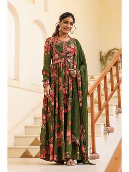 BAIRAAS - Women Embroidered Pure Silk Green Long Dress With Duppata
