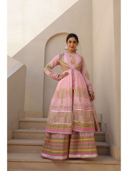 BAIRAAS - Women Pure Cotton Embroidered Long Pink DRess