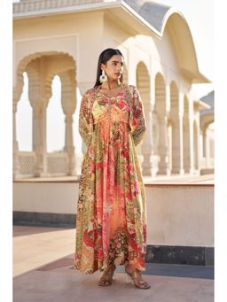 BAIRAAS - Women Yellow Embroidered V- Neck Silk Dress With Shrug