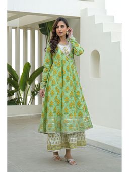 BAIRAAS - Women Cotton Round Neck Embroidered Green Dress