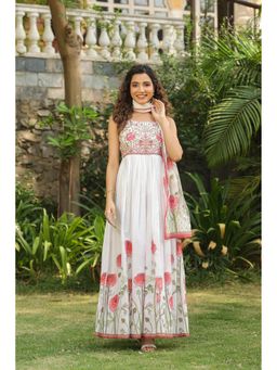 BAIRAAS - Womens Pure Cotton Embroidered Long White Dress With Duppata