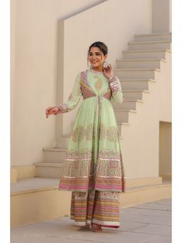 BAIRAAS - Women Pure Cotton Embroidered Long Green Dress