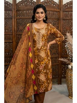 THE WEAVERS SHOP BY RAAVI - Brown Pure Cotton Embroidered Unstitched Kurta and Pant with Dupatta