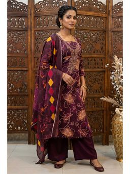 THE WEAVERS SHOP BY RAAVI - Maroon Pure Cotton Embroidered Unstitched Kurta and Pant with Dupatta