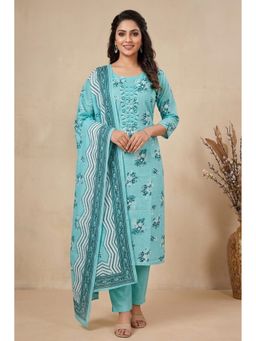 THE WEAVERS SHOP BY RAAVI - Blue Pure Cotton Embroidered Unstitched Kurta and Pant with Dupatta
