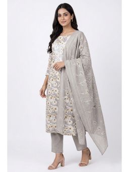 THE WEAVERS SHOP BY RAAVI - Grey Pure Cotton Embroidered Unstitched Kurta and Pant with Dupatta