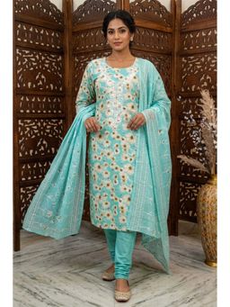 THE WEAVERS SHOP BY RAAVI - Green Pure Cotton Embroidered Unstitched Kurta and Pant with Dupatta