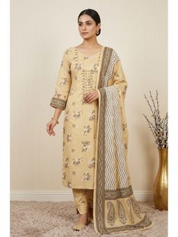 THE WEAVERS SHOP BY RAAVI - Yellow Pure Cotton Embroidered Unstitched Kurta and Pant with Dupatta