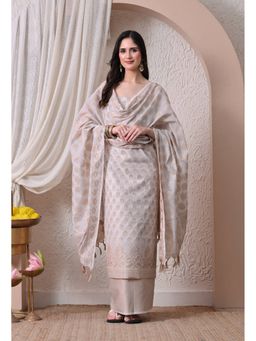 THE WEAVERS SHOP BY RAAVI - Off White Silk Blend Embroidered Unstitched Kurta and Pant with Dupatta