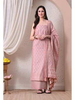 THE WEAVERS SHOP BY RAAVI - Pink Silk Blend Embroidered Unstitched Kurta and Pant with Dupatta