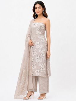 THE WEAVERS SHOP BY RAAVI - Beige Pure Cotton Embroidered Unstitched Kurta and Pant with Dupatta