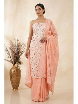 THE WEAVERS SHOP BY RAAVI - Peach Pure Cotton Embroidered Unstitched Kurta and Pant with Dupatta