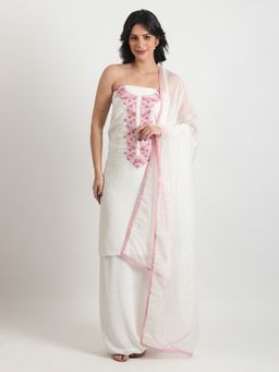 THE WEAVERS SHOP BY RAAVI - White Crepe Embroidered Unstitched Kurta and Pant with Dupatta