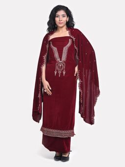 THE WEAVERS SHOP BY RAAVI - Red Velvet Embroidered Unstitched Kurta and Pant with Dupatta