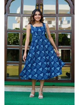 Vbuyz - Blue Geometric Print Fit and Flare Cotton Dress