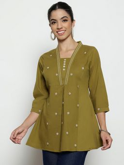 Vbuyz - Women'S Mehendi Floral A-Line Cotton Stitched Tunic