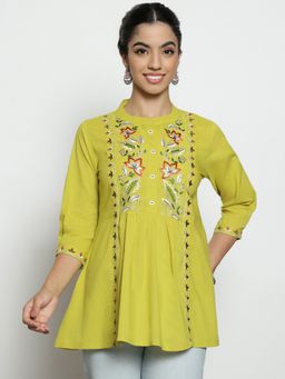 Vbuyz - Women'S Parrot Green Floral A-Line Cotton Stitched Tunic