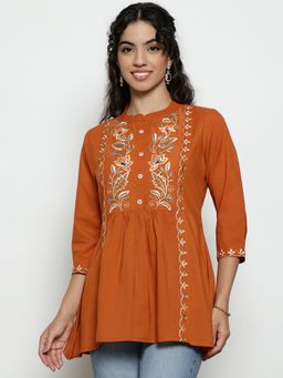 Vbuyz - Women'S Rust Floral A-Line Cotton Stitched Tunic