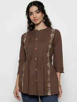 Vbuyz - Women'S Brown Floral A-Line Cotton Stitched Tunic