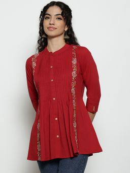 Vbuyz - Women'S Maroon Floral A-Line Cotton Stitched Tunic