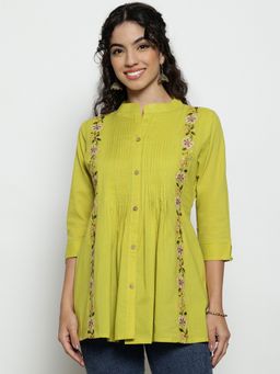 Vbuyz - Women'S Parrot Green Floral A-Line Cotton Stitched Tunic