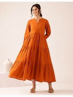 Vbuyz - Rust Solid Flared Cotton Dress