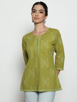 Vbuyz - Women'S Parrot Green Foil Print A-Line Cotton Stitched Tunic