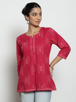 Vbuyz - Women'S Pink Foil Print A-Line Cotton Stitched Tunic