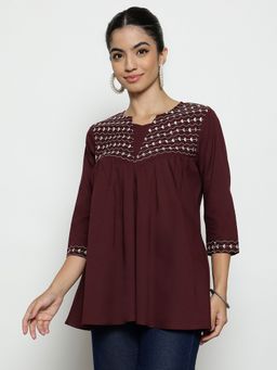 Vbuyz - Women'S Brown Yoke Design A-Line Cotton Stitched Tunic