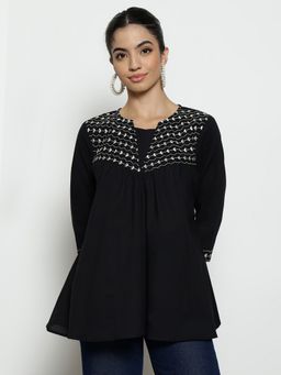 Vbuyz - Women'S Black Yoke Design A-Line Cotton Stitched Tunic