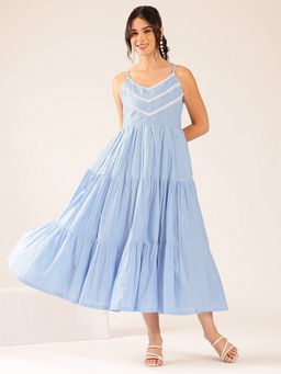 Vbuyz - Sky Blue Solid Flared Cotton Dress