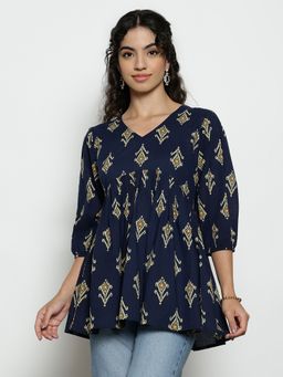 Vbuyz - Women'S Blue Ikat Design Flared Cotton Stitched Tunic
