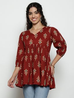 Vbuyz - Women'S Maroon Ikat Design Flared Cotton Stitched Tunic