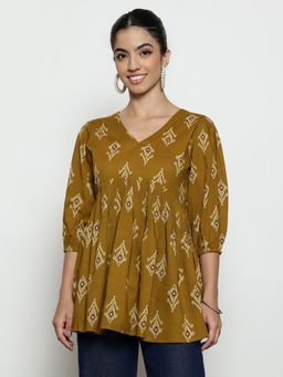 Vbuyz - Women'S Mustard Ikat Design Flared Cotton Stitched Tunic
