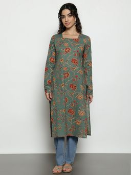 Vbuyz - Women'S Green Floral Straight Cotton Stitched Kurta