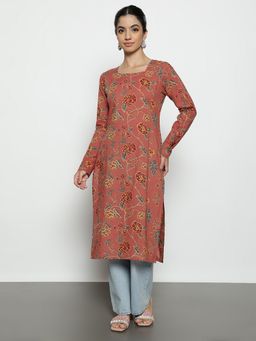 Vbuyz - Women'S Peach Floral Straight Cotton Stitched Kurta