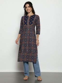 Vbuyz - Women'S Navy Blue Kalamkari Print Straight Cotton Stitched Kurta