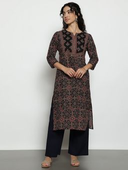 Vbuyz - Women'S Black Kalamkari Print Straight Cotton Stitched Kurta