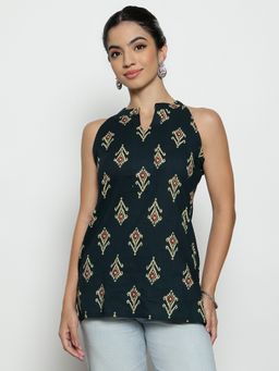 Vbuyz - Women'S Green Ikat Straight Cotton Stitched Tunic