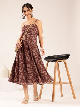 Vbuyz - Coffee Floral Flared Georgette Dress