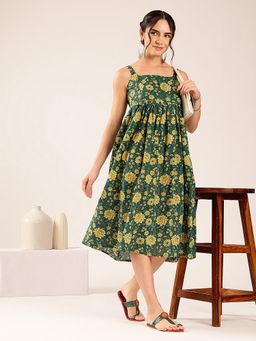 Vbuyz - Teal Floral Flared Cotton Dress